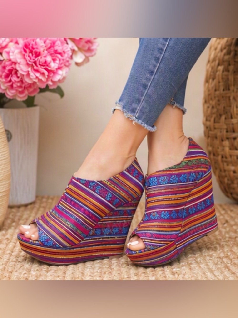 🌷NATURE BREEZE🌷 Unique Striped Pattern Multicolour Platform Wedge Shoes …